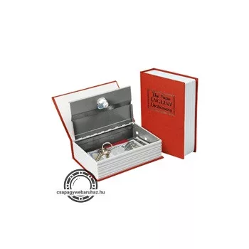   pénzkazetta, könyv típusú, 2db kulccsal, változó színekben, festett acél, műanyag/papír borítás ; 180×115×54mm