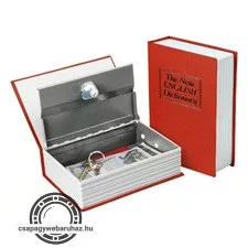 pénzkazetta, könyv típusú, 2db kulccsal, változó színekben, festett acél, műanyag/papír borítás ; 180×115×54mm