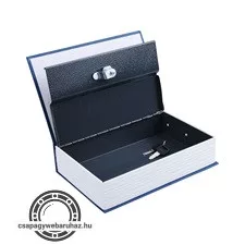 pénzkazetta, könyv típusú, 2db kulccsal, változó színekben, festett acél, műanyag/papír borítás ; 245×155×55mm