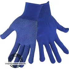 kötött kesztyű, kék, PE, fehér PVC pöttyökkel, méret:  9'