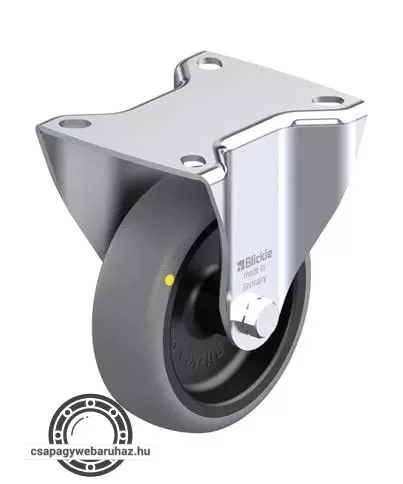 B-TPA 102G-ELS BLICKLE Acéllemez fixvillás görgő, középerős kivitel, talplemezzel, Kerék termoplasztikus gumi futófelülettel, polipropilén felnivel, elektromosan vezetőképes, Nyommentes
