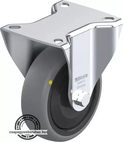 B-TPA 102KF-ELS BLICKLE Acéllemez fixvillás görgő, középerős kivitel, talplemezzel, Kerék termoplasztikus gumi futófelülettel, polipropilén felnivel, műanyag porvédővel, nagyméretű, elektromosan vezetőképes, Nyommentes