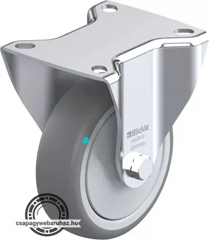 B-TPA 102KFD BLICKLE Acéllemez fixvillás görgő, középerős kivitel, talplemezzel, Kerék termoplasztikus gumi futófelülettel, polipropilén felnivel, műanyag porvédővel, nagyméretű, kiegészítő golyóscsapágyas tömítéssel