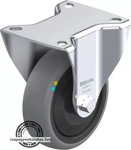 B-TPA 127KFD-ELS BLICKLE Acéllemez fixvillás görgő, középerős kivitel, talplemezzel, Kerék termoplasztikus gumi futófelülettel, polipropilén felnivel, műanyag porvédővel, nagyméretű, kiegészítő golyóscsapágyas tömítés sel, elektromosan vezetőképes
