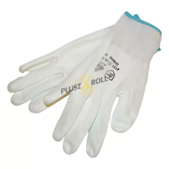   Kötött kesztyű fehér nylon, L-es méret,  9' poliuretánba mártott tenyér és ujjhegy., gumírozott mandzsetta