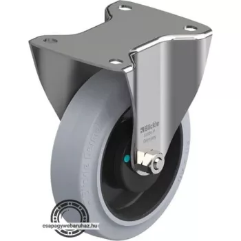   BX-POEV 160KAD-SG BLICKLE Rozsdamentes fixvillás görgő talplemezzel, nagy teherbírású kerék „Blickle EasyRoll” elasztikus tömörgumi abronccsal, poliamid felnivel, nyommentes, szürke, műanyag kicsi porvédővel , kiegészítő golyóscsapágyas tömítéssel