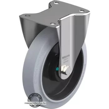   BX-POEV 200KAD-SG BLICKLE Rozsdamentes fixvillás görgő talplemezzel, nagy teherbírású kerék „Blickle EasyRoll” elasztikus tömörgumi abronccsal, poliamid felnivel, nyommentes, szürke, műanyag kicsi porvédővel , kiegészítő golyóscsapágyas tömítéssel