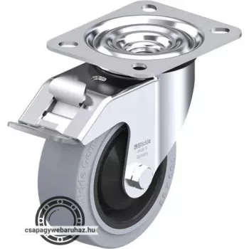   LE-POEV 100KA-FI-SG BLICKLE Acéllemez forgóvillás görgő, talplemezzel, stop-fix fékkel, Nagy teherbírású kerék „Blickle EasyRoll” elasztikus tömörgumi abronccsal, poliamid felnivel, nyommentes, szürke, műanyag kicsi porvédővel 