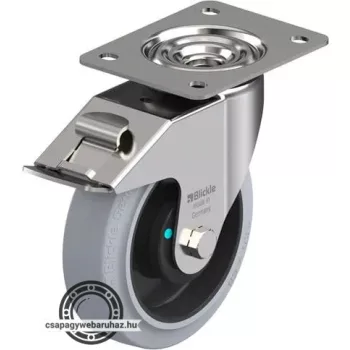   LEX-POEV 160KAD-FI-SG BLICKLE Rozsdamentes forgóvillás görgő talplemezzel, stop-fix fékkel, Nagy teherbírású kerék „Blickle EasyRoll” elasztikus tömörgumi abronccsal, poliamid felnivel, nyommentes, szürke, kicsi műanyag porvédővel , kiegészítő golyó