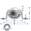 Golyós görgő LF26 , golyó átmérő:25,4mm , teherbírás:55kg , A=45 mm B=30,4 mm C=6,3 mm D=69x51 mm E=55,9-60,3 mm